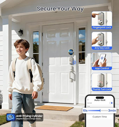 Veise VE017-D Smart Fingerprint Front Door Lock Set, App Control, 8-in-1 Keyless Entry Deadbolt with Lever Handle, Touchscreen Keypad, IP55 Weatherproof, Auto Lock, Easy Install, Satin Nickel