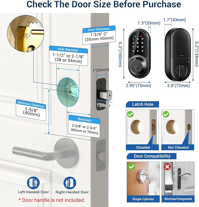 Veise RZ06 Smart Lock for Front Door with App Control, Keyless Entry, Electronic Digital Deadbolt with Touchscreen Keypad Set, Smart Deadbolt, Auto Lock, Easy Installation, Matte Black