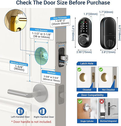Veise RZ06 Smart Lock for Front Door with App Control, Keyless Entry, Electronic Digital Deadbolt with Touchscreen Keypad Set, Smart Deadbolt, Auto Lock, Easy Installation, Matte Black