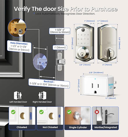 Veise VE017G Wi-Fi Keyless Entry Door Lock, App Remote & Voice Control, Fingerprint Smart Locks for Front Door, Touchscreen Electronic Keypad Deadbolt, Auto Lock, Emergency Power Port, Satin Nickel
