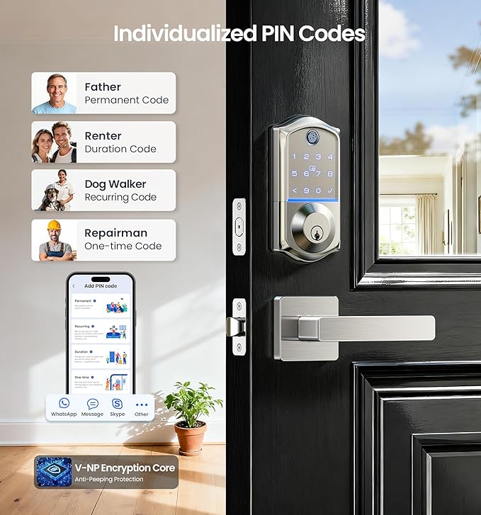 Veise VE017-B Fingerprint Smart Lock for Front Door, App Control, 8-in-1 Keyless Entry Deadbolt with 2 Zinc Alloy Lever Handles Set, Emergency Power Port, Auto Lock, Electronic Keypad, Satin Nickel