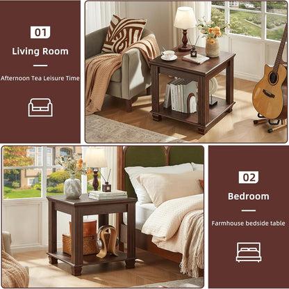Farmhouse End Table Set of 2,Large Side Table with 2-Tier Storage Shelf,Rustic Brown End Tables for Living Room,Square Tea Table,Walnut