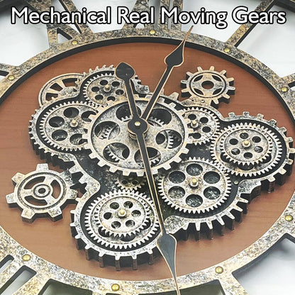 DORBOKER 24" Original Moving Gears Wall Clock, Large Industrial Wall Clock for Living Room Decor, Retro Wood Vintage Farmhouse Steampunk Rustic Clocks for Wall Decor,Brown Nanmu