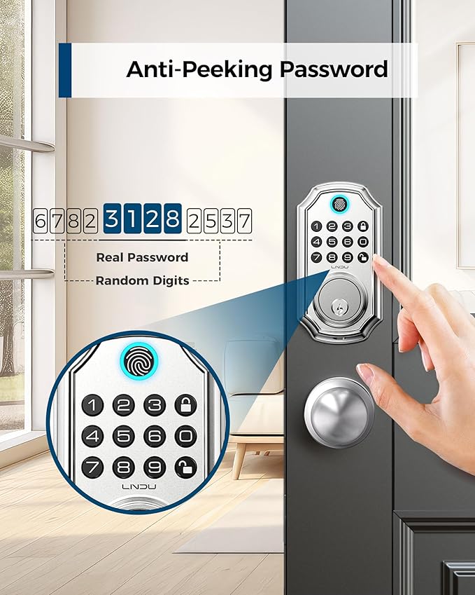 Keyless Entry Door Lock with Handle, App Control Front Door Lock Set Keyless Entry, LNDU 100 Passcode Door Locks for Front Door, Auto Lock One Touch Lock, Anti-Peeking Password, Easy to Install