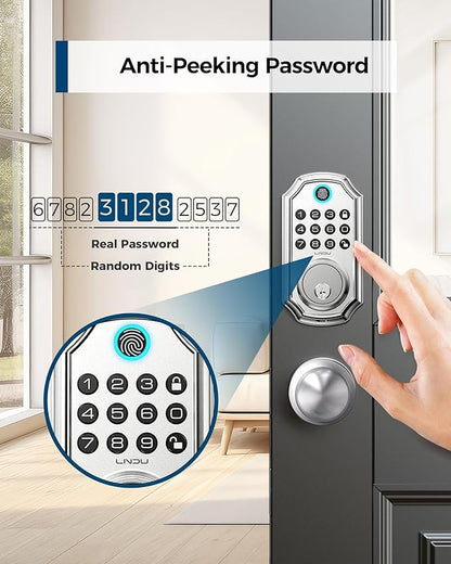 Keyless Entry Door Lock with Handle, App Control Front Door Lock Set Keyless Entry, LNDU 100 Passcode Door Locks for Front Door, Auto Lock One Touch Lock, Anti-Peeking Password, Easy to Install