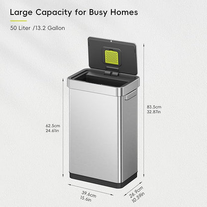 EKO Deluxe Mirage-T 50 Liter / 13.2 Gallon Touchless Rectangular Motion Sensor Trash Can, Matte Stainless Steel Finish
