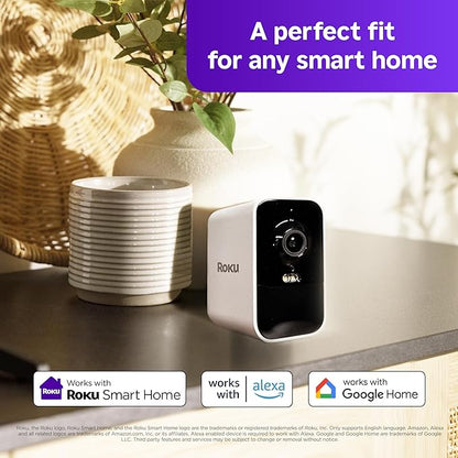 Roku Battery Camera Plus for Home Security - New 2025 Weather-Resistant Outdoor & Indoor Wireless Camera & Pet Monitor with 1080p HD & Two-Way Audio - 4X Rechargeable Battery Capacity (Pack of 2)
