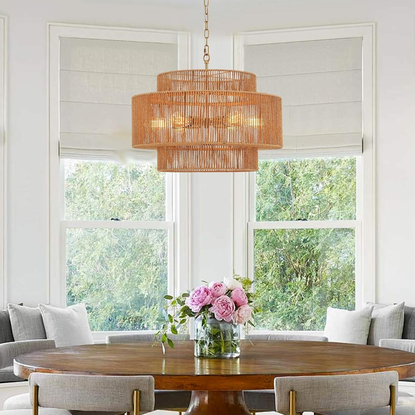 23.6" Rattan Chandelier Light Fixture Vintage 6-Lights Boho Hand-Woven Bamboo Chandeliers Retro Farmhouse 3-Tier Drum Wicker Rattan Golden Chandelier for Dining Room, Kitchen, Living Room