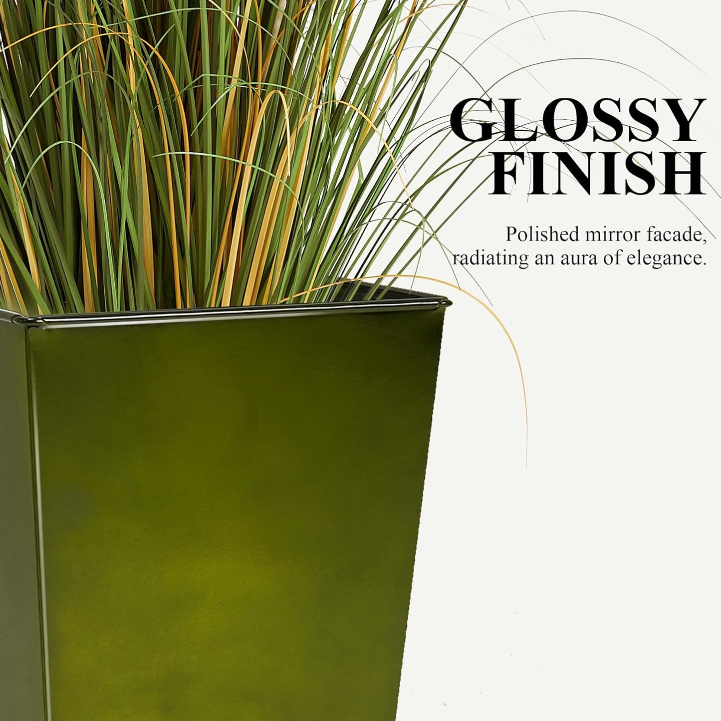 WORTH Garden 25" Large Metal Glazed Planter Set of 2, Luxurious Glossy Finish Green Tall Square Tapered Steel Plant Pots, Decor Flower Pot Indoor & Outdoor, Drainage Hole & Dual-Purpose Plant Saucer