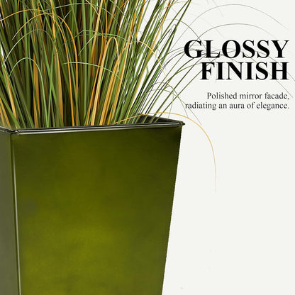 WORTH Garden 25" Large Metal Glazed Planter Set of 2, Luxurious Glossy Finish Green Tall Square Tapered Steel Plant Pots, Decor Flower Pot Indoor & Outdoor, Drainage Hole & Dual-Purpose Plant Saucer