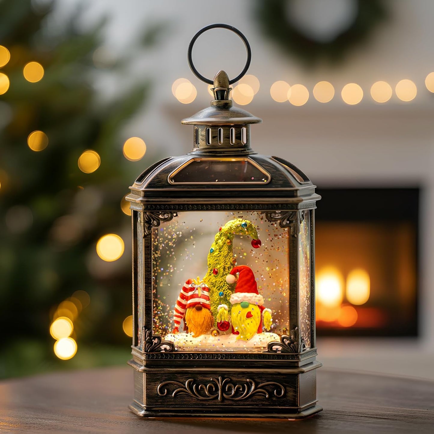Christmas Snow Globe Lantern Water Glittering Gnomes Scandinavian Santa Elf with Music, USB Lined/Battery Operated Lighted Lantern for Christmas Festival Decoration Gifts