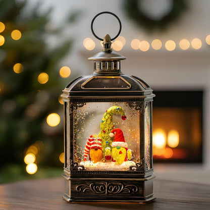Christmas Snow Globe Lantern Water Glittering Gnomes Scandinavian Santa Elf with Music, USB Lined/Battery Operated Lighted Lantern for Christmas Festival Decoration Gifts