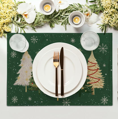 Green Christmas Tree Placemats Set of 4, 12x18 Inch Xmas Trees Snowflakes Winter Holiday Place Mats Seasonal Washable Linen Table Mats for Indoor Outdoor Kitchen Dining Party Décor