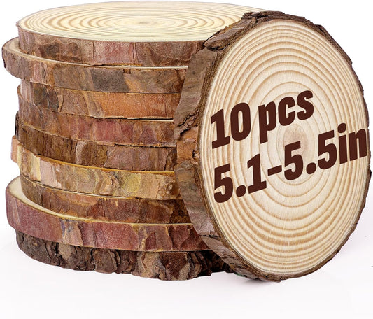 FUMILE Unfinished Natural Wood Slices 5.1-5.5 Inch, 10 PCS Round Wooden Discs with Tree Bark, Wood Slices for Centerpieces for Handmade Crafts, Wood Circles for Rustic Wedding Decoration