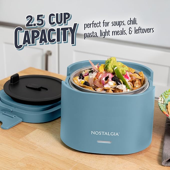 Nostalgia Portable Heated Lunch Box – 2.5-Cup Stainless Steel Food Warmer – Detachable Cord, Leak-Proof Lid, Carry Handle – Portable for Work & Travel – Ocean Blue