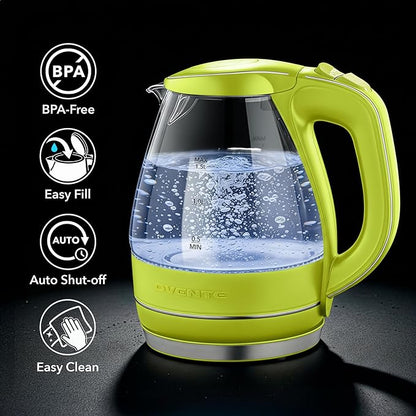 OVENTE Electric Kettle, 1.5L Borosilicate Glass Countertop Water Heater and Boiler for Coffee or Tea, BPA-Free, Auto Shut-Off,  Boil-Dry Protection, Removable and Washable Spout Filter, Green KG83G