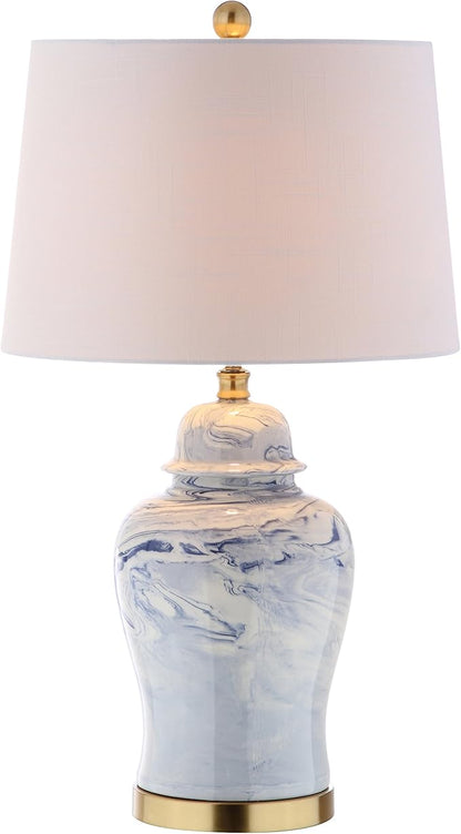 JONATHAN Y 26" Blue and White Marble Ceramic Table Lamp, Traditional Ginger Jar Style with Brass Gold Base, White Linen Drum Shade, LED Bulb Included JYL3010A