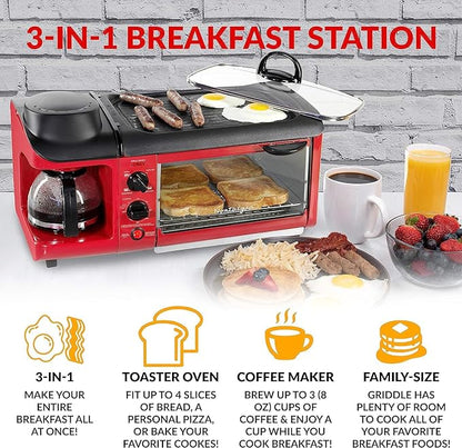 Nostalgia 3-in-1 Breakfast Station - Includes Coffee Maker, Non-Stick Griddle, and 4-Slice Toaster Oven - Versatile Breakfast Maker with Timer - Red