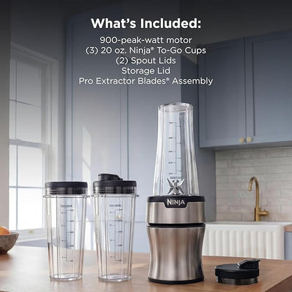 Ninja BN301 Nutri-Blender Plus Compact Personal Blender, 900-Peak-Watt Motor, Frozen Drinks, Smoothies, Sauces & More, (3) 20 oz. To-Go Cups, (2) Spout-Lids (1) Storage-Lid, Dishwasher Safe, Silver