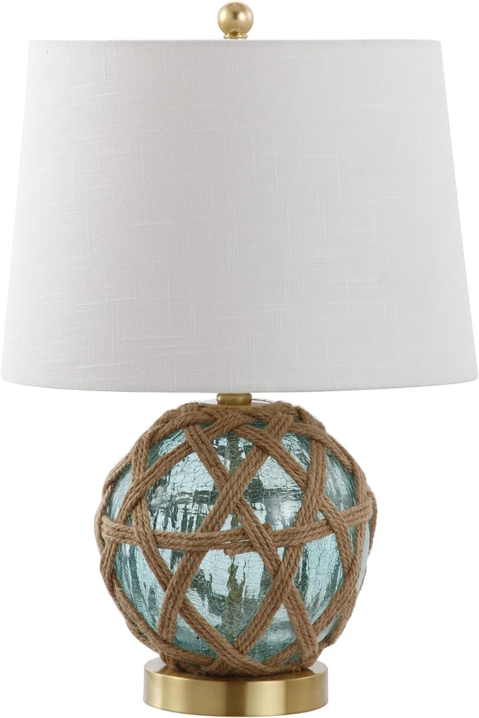 JONATHAN Y 21.5" Aqua Glass and Brown Rope Nautical Table Lamp, Coastal Transitional Bedside Lamp with White Linen Drum Shade for Living Room, LED Bulb Included JYL1085A