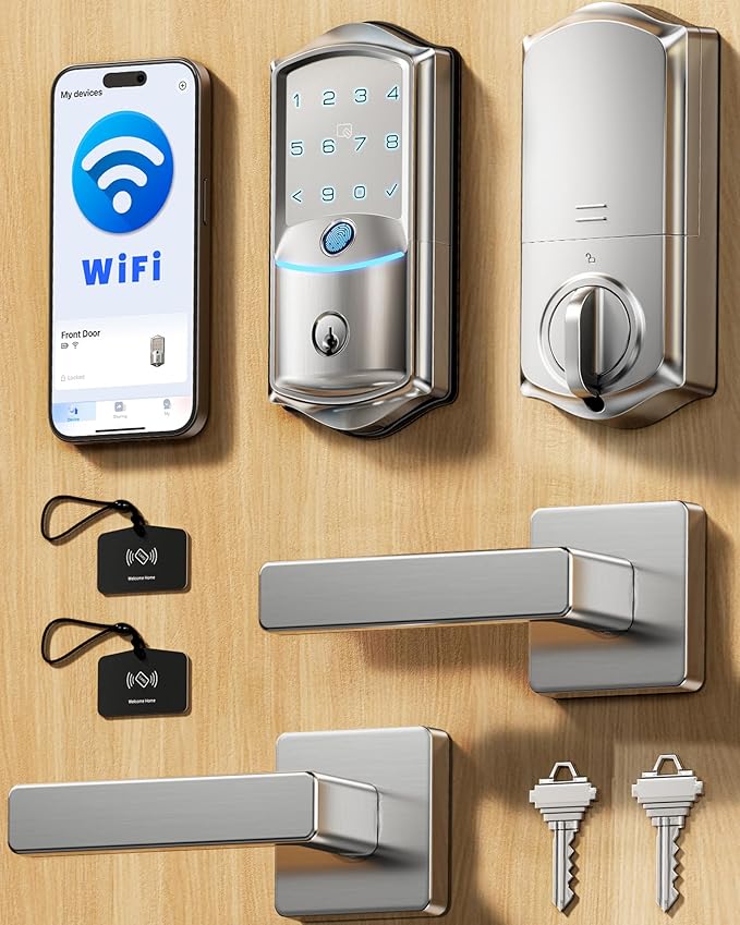 Veise VE027-L Built-in WiFi Smart Lock with Handle, Fingerprint keyless Entry Door Lock Set, App Remote & Voice Control, Electronic Deadbolt for Front Door, Touchscreen Keypad, Auto Lock, Satin Nickel