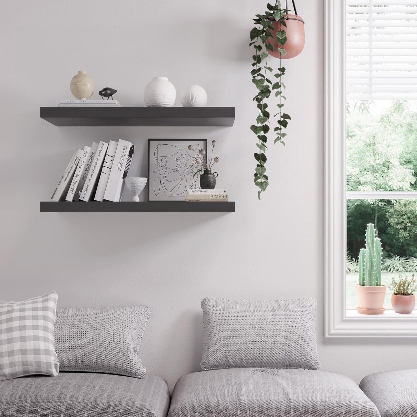 Floating Shelf, Set of 2 Wall Shelf, 24 in W x 12.75 in D x 2 in H Wooden Floating Wall Shelf with Invisible Brackets for Living Room/Bedroom/Bathroom/Kitchen Storage and Decor, Black