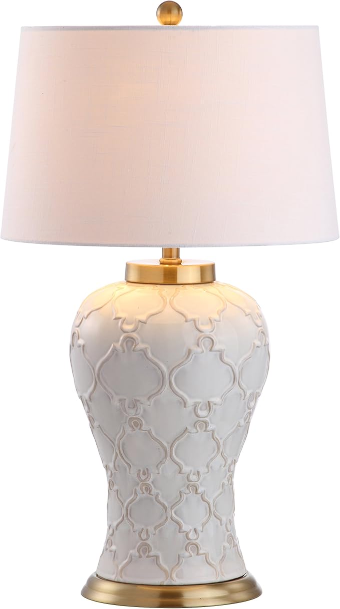 JONATHAN Y 29" Cream Textured Ceramic Table Lamp, Transitional Quatrefoil Trellis Design with White Linen Drum Shade and Brass Accents for Living Room, LED Bulb Included JYL4024A