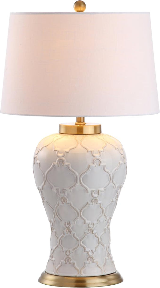 JONATHAN Y 29" Cream Textured Ceramic Table Lamp, Transitional Quatrefoil Trellis Design with White Linen Drum Shade and Brass Accents for Living Room, LED Bulb Included JYL4024A