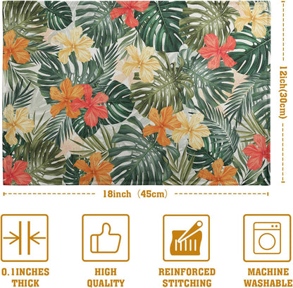 Tropical Palm Leaves Table Mats Set of 4 Summer Watercolor Hibiscus Flower Leaf Placement Mats for Dining Table Washable Non-Slip Heat Resistant Linen Place Mat 12×18 Inch