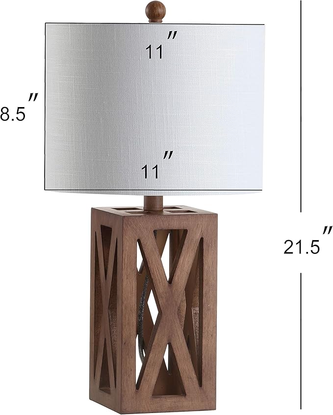 JONATHAN Y 21.5" Brown Farmhouse Wood Table Lamp for Bedside and Living Room, White Linen Drum Shade, Rustic Modern Desk Lamp for Bedroom, LED Bulb Included JYL1062A