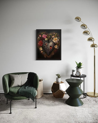 Gothic Heart Poster Art Print, Halloween Scary Vintage Wall Art Academia Spooky Painting Decoration for Horror Prints, Posters Bedroom Decor 89 (Gothic Heart, 11 x 14 inches, Black Frame)