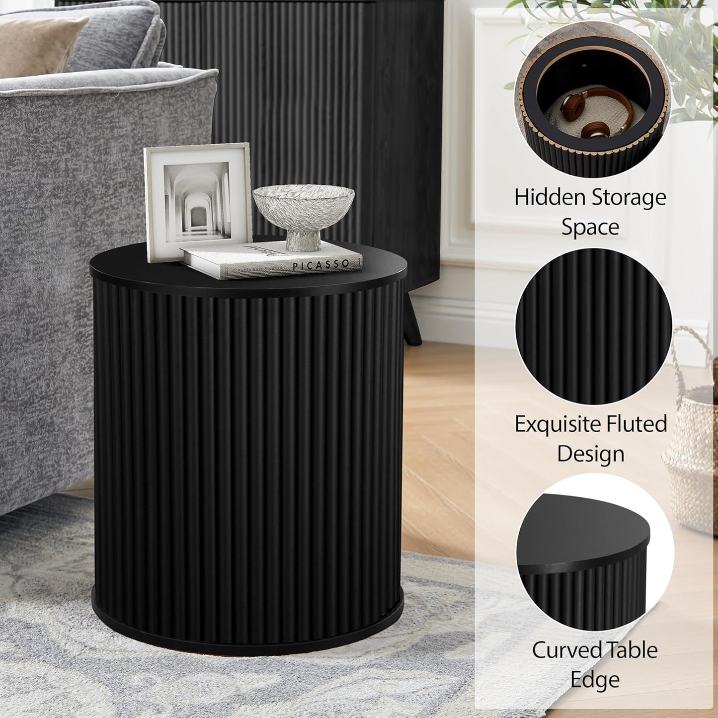 AVZEAR Small Round Side Table Fluted Night Stand Set of 2, Mid Century Modern End Table with Storage, Circle Bedside Tables Wood Nightstands for Small Spaces, Living Room, Bedroom (Black)