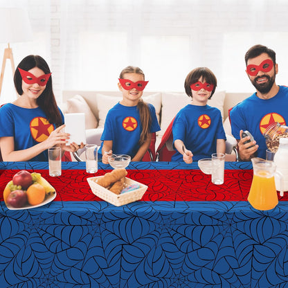 3Pcs Spider Web Themed Birthday Party Tablecloth Decorations,Blue Hero Plastic Table Cover with Red Runner Disposable Rectangle Table Cloth for Baby Shower Kids Boy Birthday Party Supplies,54x108 Inch