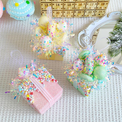 Christmas tree gift box ornament set,3 Pieces Macaron Color Candy Gift Hanging Ornaments for Christmas, New Year, Easter, Birthday (PINK GREEN YELLOW)