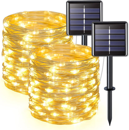 JMEXSUSS 2 Pack Solar String Lights Outdoor Waterproof, Each 33FT 100 LED Warm White Christmas Lights, Waterproof 8 Modes Copper Wire Solar Fairy Light for Outside Patio Tree Yard Garden Decorations