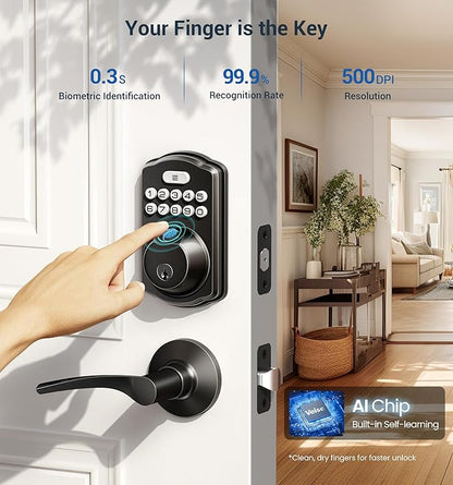 Veise Fingerprint Door Lock with 2 Lever Handles - Keyless Entry Door Lock, Electronic Keypad Deadbolt, Digital Smart Code & Front Handle Sets, Auto-Locking, Easy Installation, Matte Black