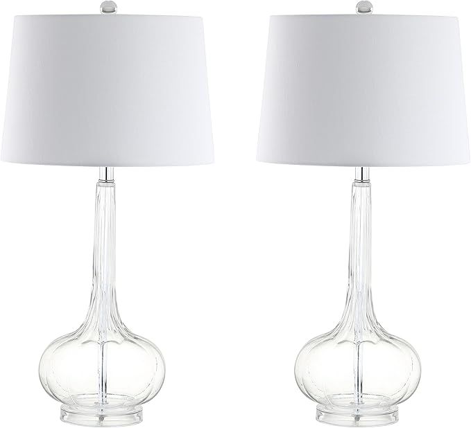 JONATHAN Y 28.5" Clear Glass Teardrop LED Table Lamp Set of 2 for Living Room Bedroom Nightstand, White Linen Shade Modern Transitional Bedside Desk Lamp (JYL1079C-SET2)