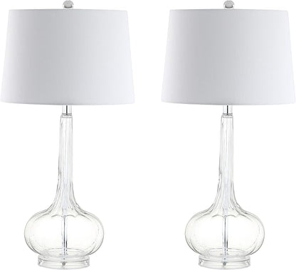 JONATHAN Y 28.5" Clear Glass Teardrop LED Table Lamp Set of 2 for Living Room Bedroom Nightstand, White Linen Shade Modern Transitional Bedside Desk Lamp (JYL1079C-SET2)