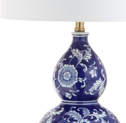JONATHAN Y 27" Blue/White Ceramic Chinoiserie Table Lamp, Traditional Floral Double Gourd Vase Lamp with White Linen Drum Shade, Brass Gold Base, LED Bulb Included JYL3003A