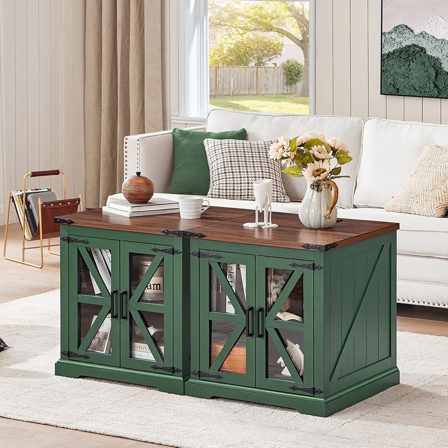 24" End Table Set of 2 with Charging Station, Farmhouse Night Stand with Glass Barn Door, Nightstands with Adjustable Storage Shelf, Large Wood Square Bed Side Table for Living Room, Bedroom