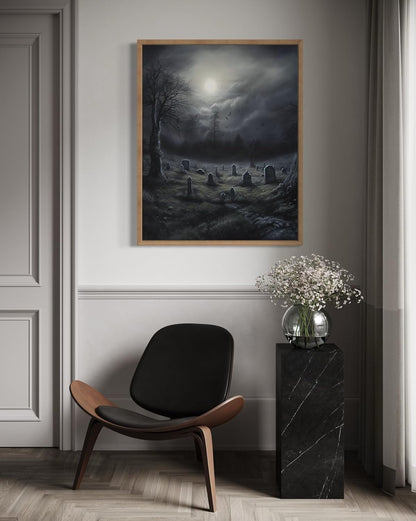 Gothic Graveyard Poster Art Print, Halloween Scary Vintage Wall Art Academia Spooky Painting Decoration for Horror Prints, Posters Bedroom Decor 89 (Gothic Graveyard, 16 x 20 inches, Wood Frame)
