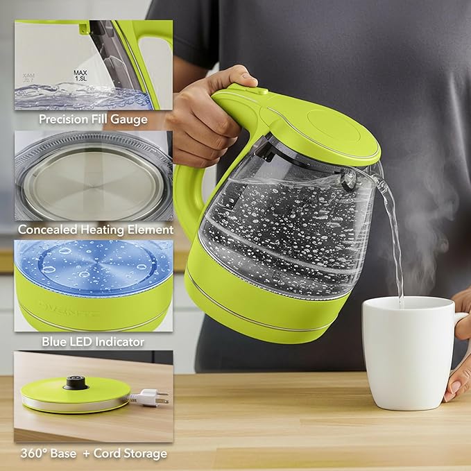 OVENTE Electric Kettle, 1.5L Borosilicate Glass Countertop Water Heater and Boiler for Coffee or Tea, BPA-Free, Auto Shut-Off,  Boil-Dry Protection, Removable and Washable Spout Filter, Green KG83G