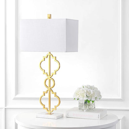 JONATHAN Y 32" Gold Selina Ogee Trellis LED Table Lamp, Glam Modern Iron Geometric Lamp for Living Room Bedroom, White Linen Rectangle Shade, LED Bulb Included JYL3072A