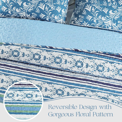 Exclusivo Mezcla Reversible Boho Quilt Set King Size, 3 Pieces Bohemian Striped Blue All Season Bedspreads, Ultra Soft Floral Coverlet Bedding Set with Printed Pattern (1 Quilt, 2 Pillow Shams)