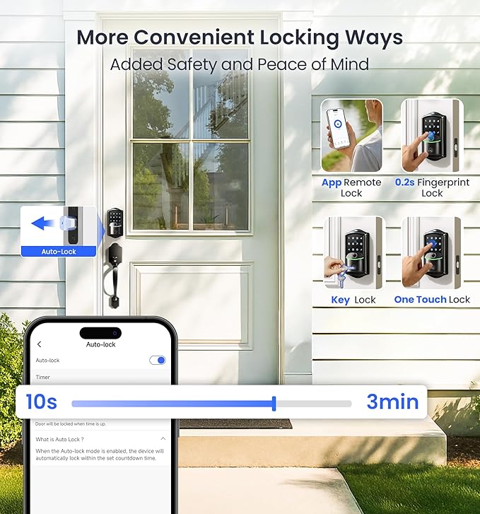 Veise VE027 Built-in Wi-Fi Smart Lock, Fingerprint Keyless Entry Front Door Lock, App Remote & Voice Control, No Hub Needed, Touchscreen Keypad Deadbolt, IP65 Waterproof, BHMA Grade 3, Matte Black