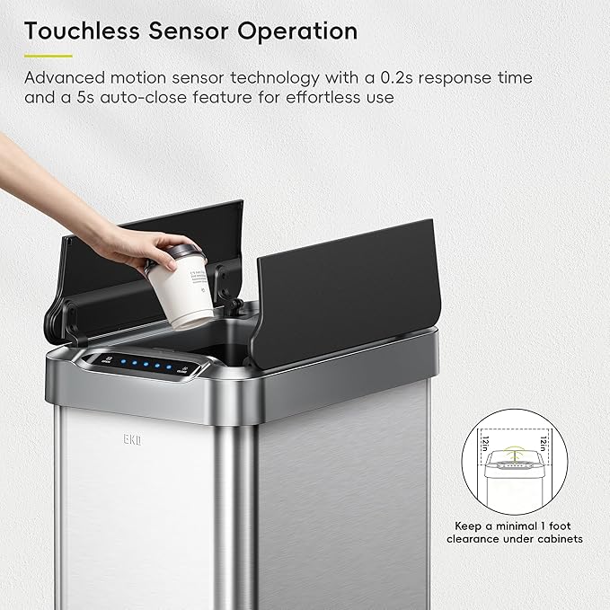 EKO Phantom-T 50 Liter / 13.2 Gallon Vertical Motion Sensor Trash Can, Brushed Stainless Steel Finish