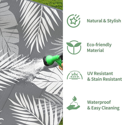 GENIMO Outdoor Rug 10' Round Waterproof for Patios Clearance, Reversible Outdoor Plastic Straw Camping Rug Carpet, Large Area Rugs Mats for RV, Camper, Deck, Balcony, Porch, Beach, Picnic, Grey&White