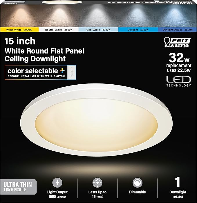 Feit Electric 15in Round Flat Panel LED Ceiling Fixture, 5 Selectable Color Temperatures (3000K-6500K), Ultra-Slim Design, Dimmable, 1650 Lumens, 50,000-Hour Lifetime, 74212/6WY