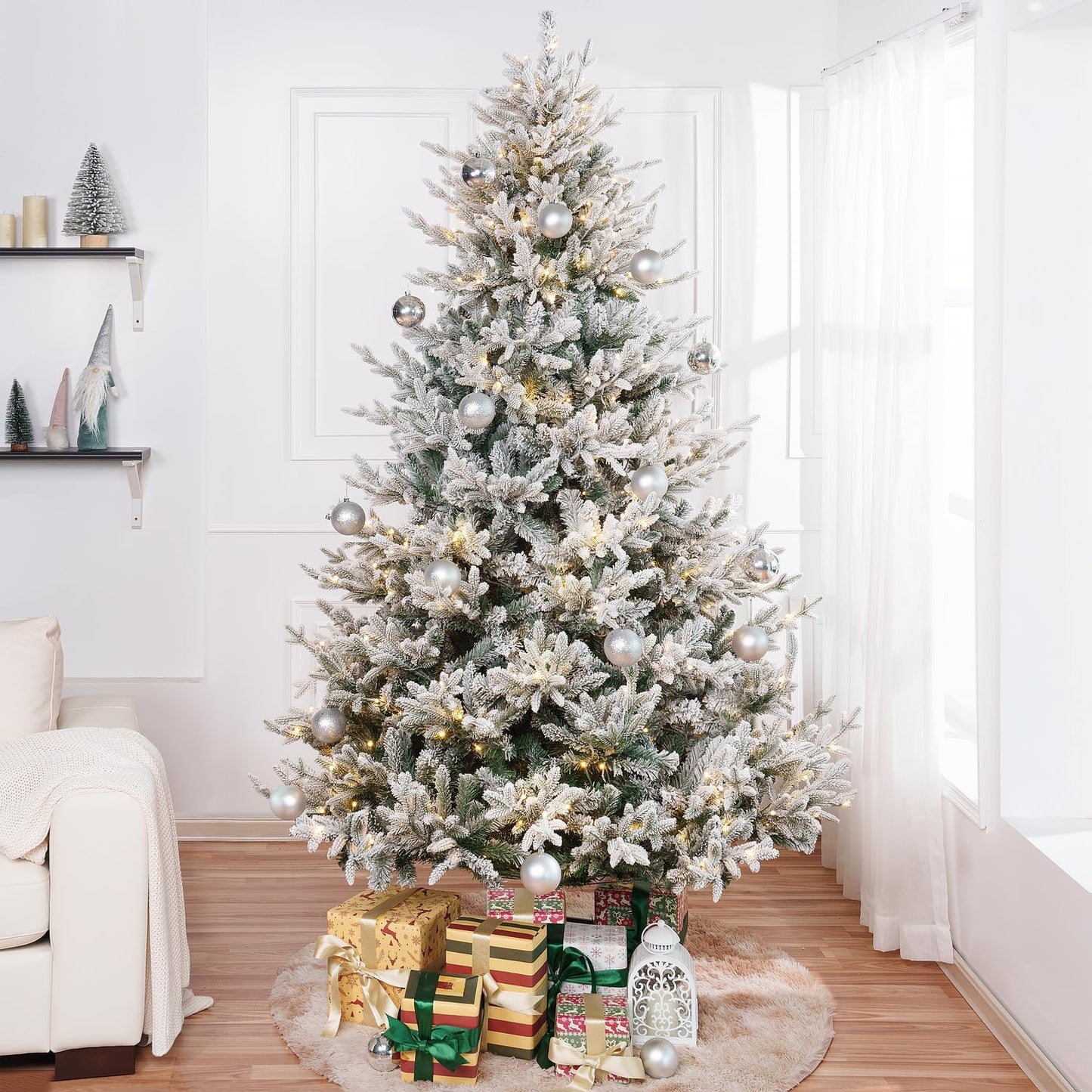 Naomi Home Ginebra 7.5ft Snow Flocked Christmas Tree Prelit with 3266 Branch Tips, 650 Warm Lights and Metal Stand, 59" Wide Realistic Snowy Frosted Christmas Tree with Lights