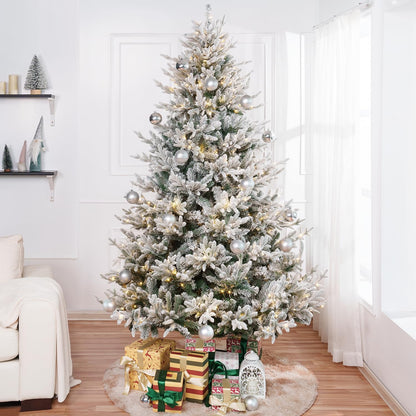 Naomi Home Ginebra 7.5ft Snow Flocked Christmas Tree Prelit with 3266 Branch Tips, 650 Warm Lights and Metal Stand, 59" Wide Realistic Snowy Frosted Christmas Tree with Lights